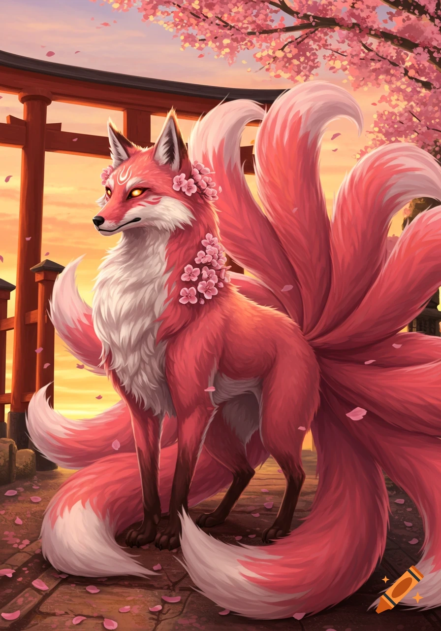 A pink and white kitsune with multiple tails and cherry blossoms, standing in front of a torii gate under a sunset sky.