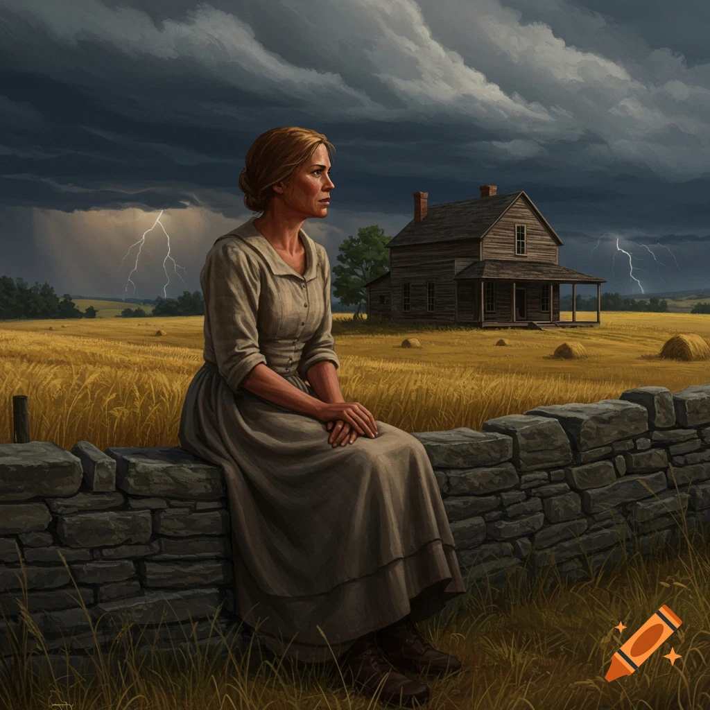 A woman in 1800s attire sits on a stone wall, looking at a farmhouse under a stormy sky with lightning.