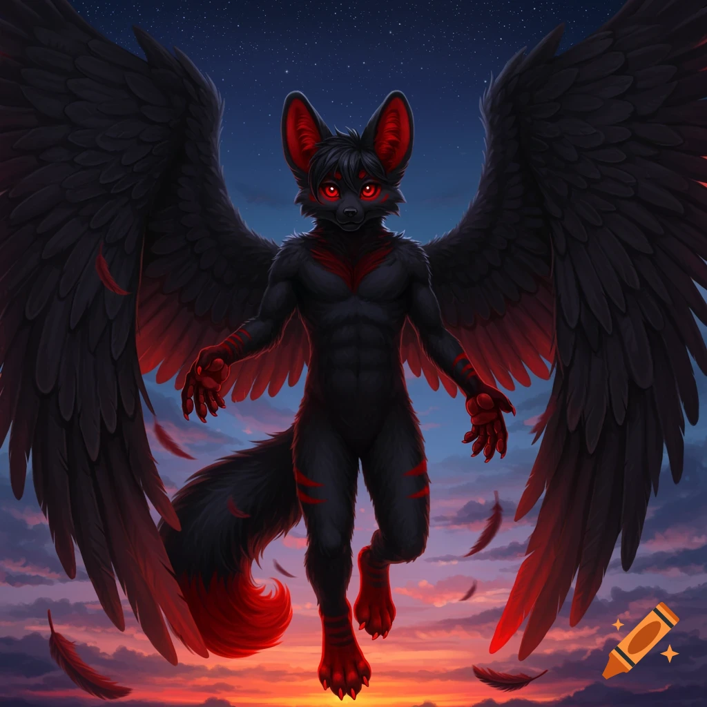 A black fennec fox furry character with large black wings and glowing red eyes, paws, and tail against a twilight sky.