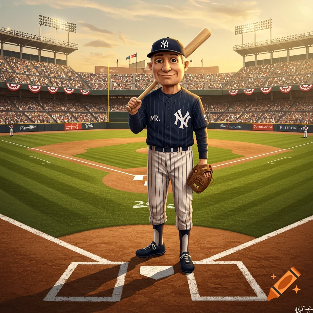 A cartoon man dressed in a New York Yankees baseball uniform with a bat over his shoulder, standing on home plate in a packed baseball stadium at sunset.
