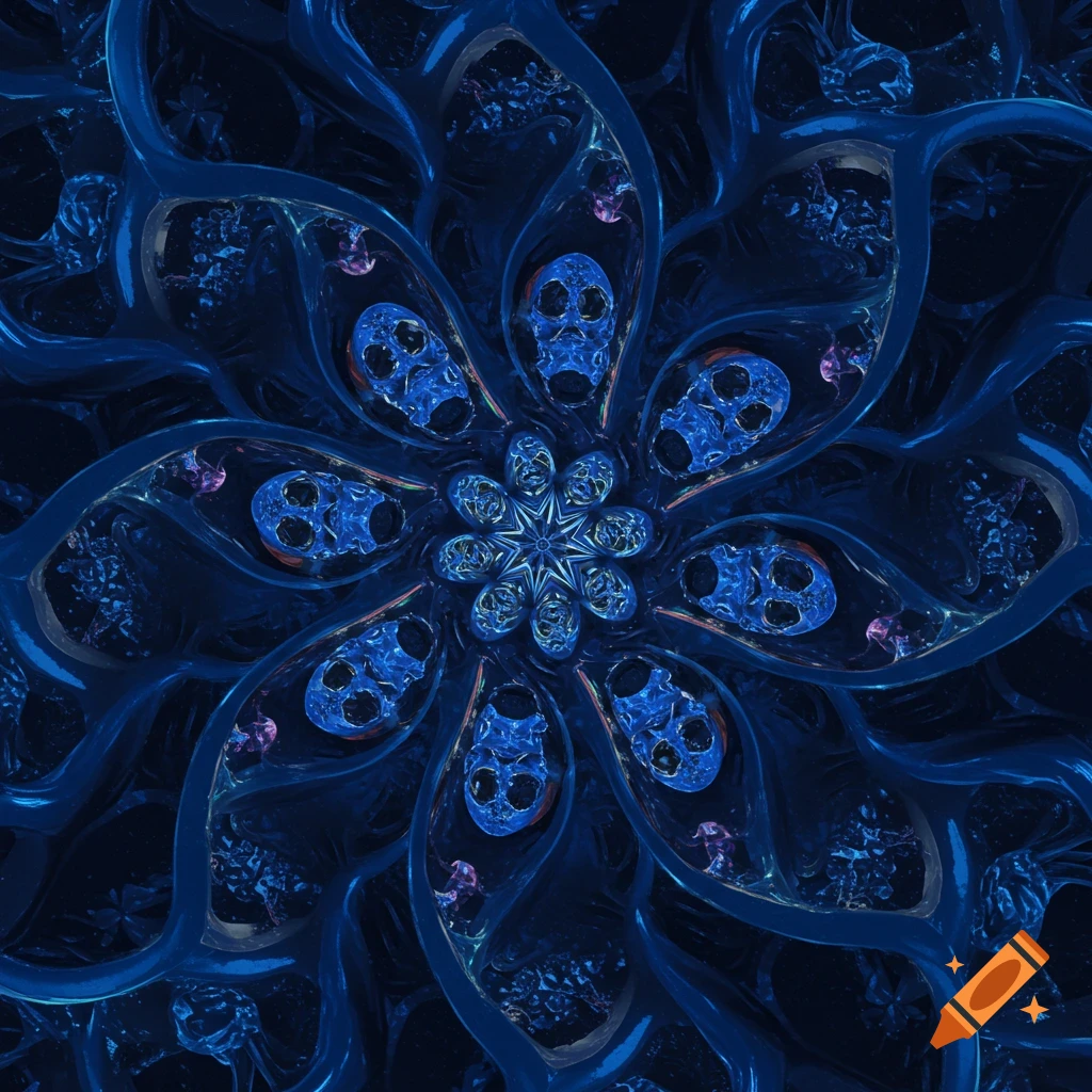 A blue and black psychedelic mandala with stylized skull patterns and swirling organic shapes.