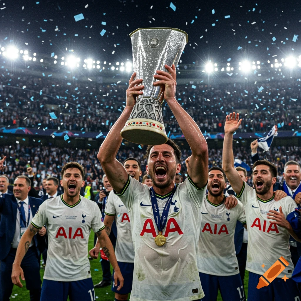 Photorealistic image of soccer players in white jerseys celebrating on a field, holding a large silver trophy amidst confetti.