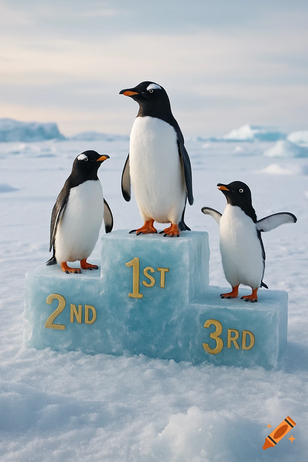 Three photorealistic penguins on an ice winner's podium in the Antarctic, marked 1st, 2nd, and 3rd in gold.