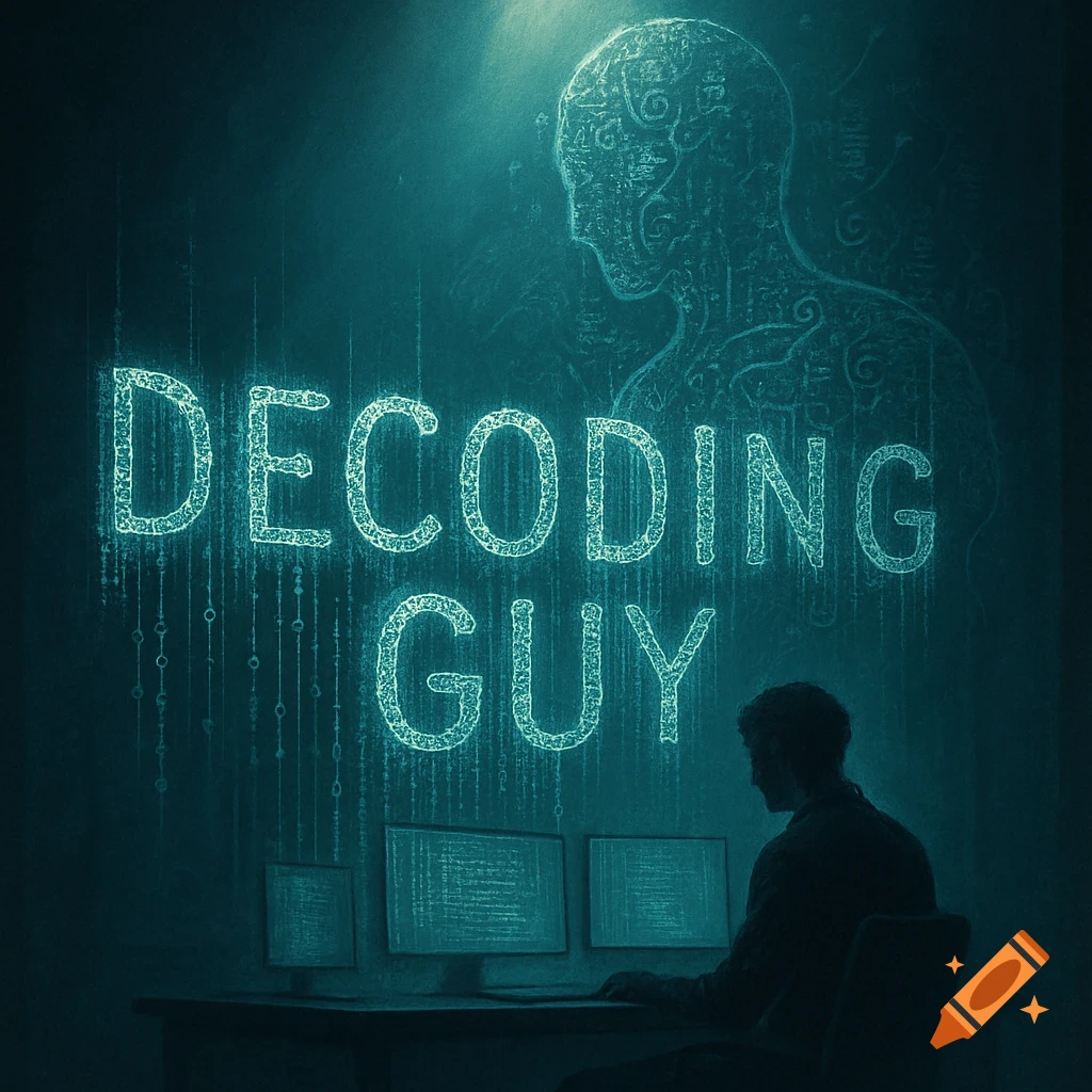 A person sits at computers under glowing "DECODING GUY" text and a digital human outline, in a dark teal, sci-fi style.