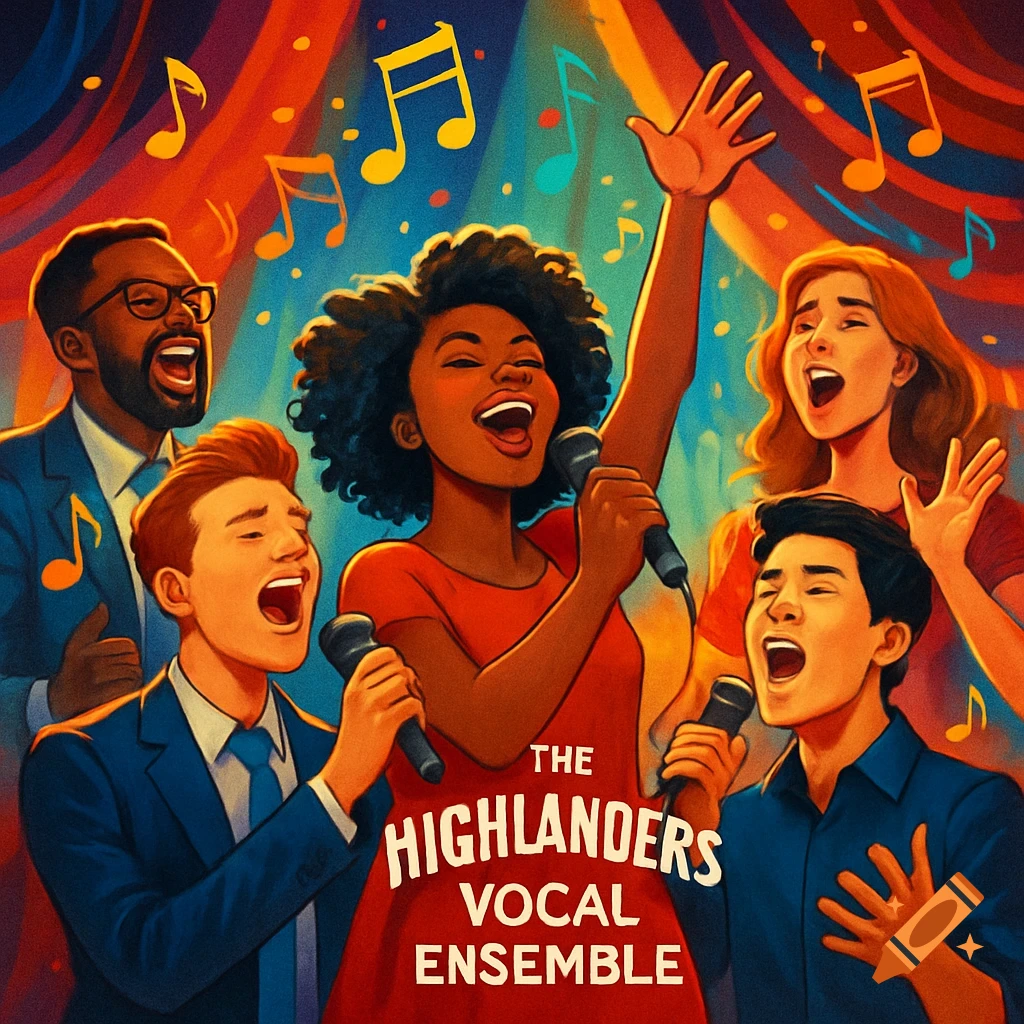 An illustration of a diverse vocal ensemble singing with microphones on a stage with musical notes and "The Highlanders Vocal Ensemble" text.