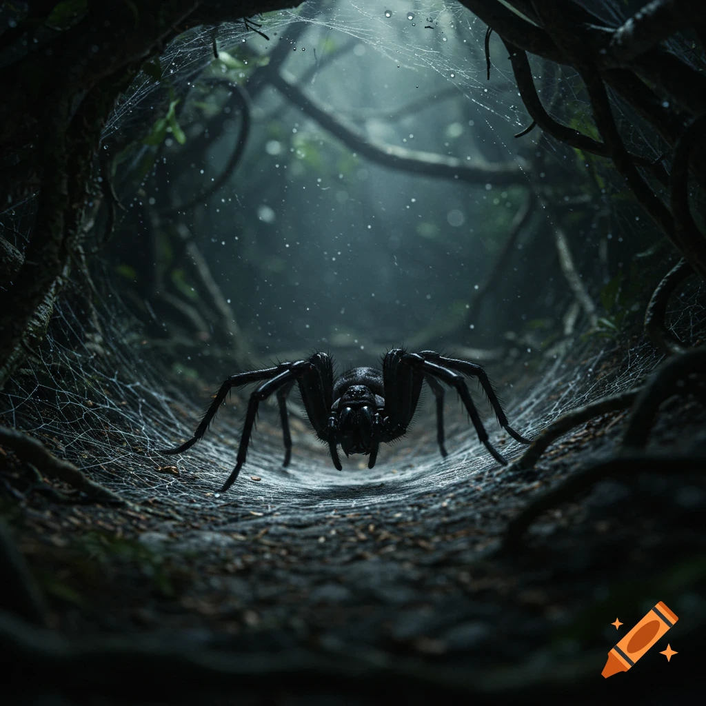 A large, black spider sits at the entrance of a web-covered, root-lined tunnel in a dark, misty forest. Photorealistic style.