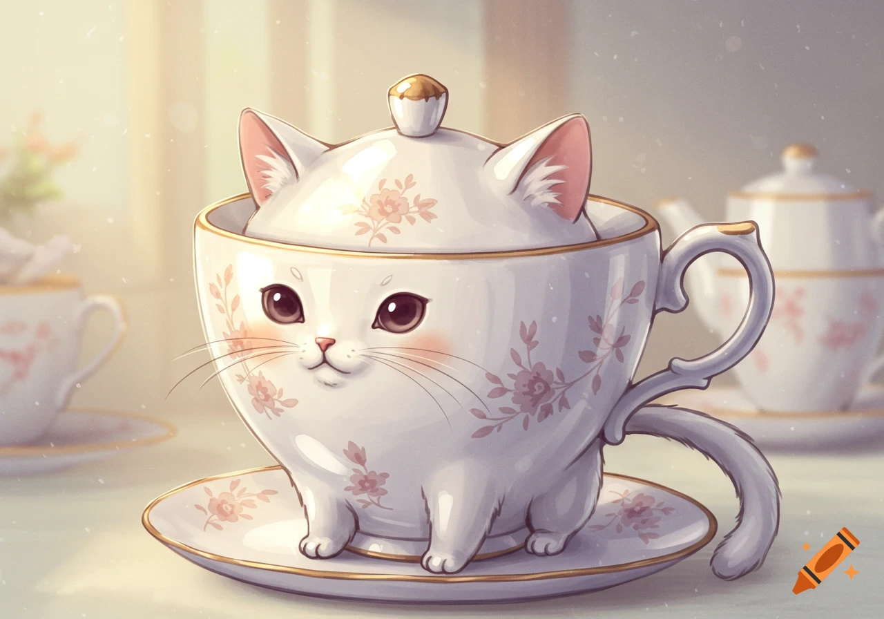 A cute white cat with big eyes and rosy cheeks emerges from a floral teacup, its tail forming the handle, sitting on a saucer.