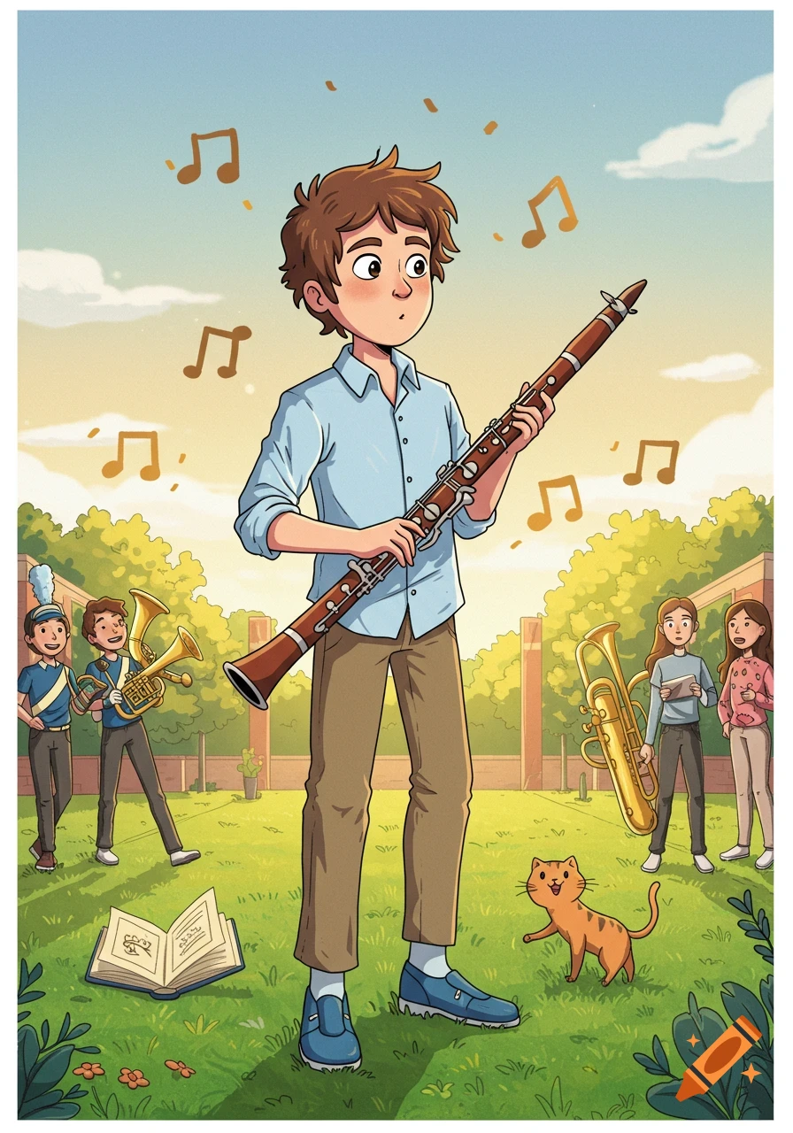 A cartoon boy holding a bass clarinet stands in a park with musical notes, a cat, and other students playing instruments.