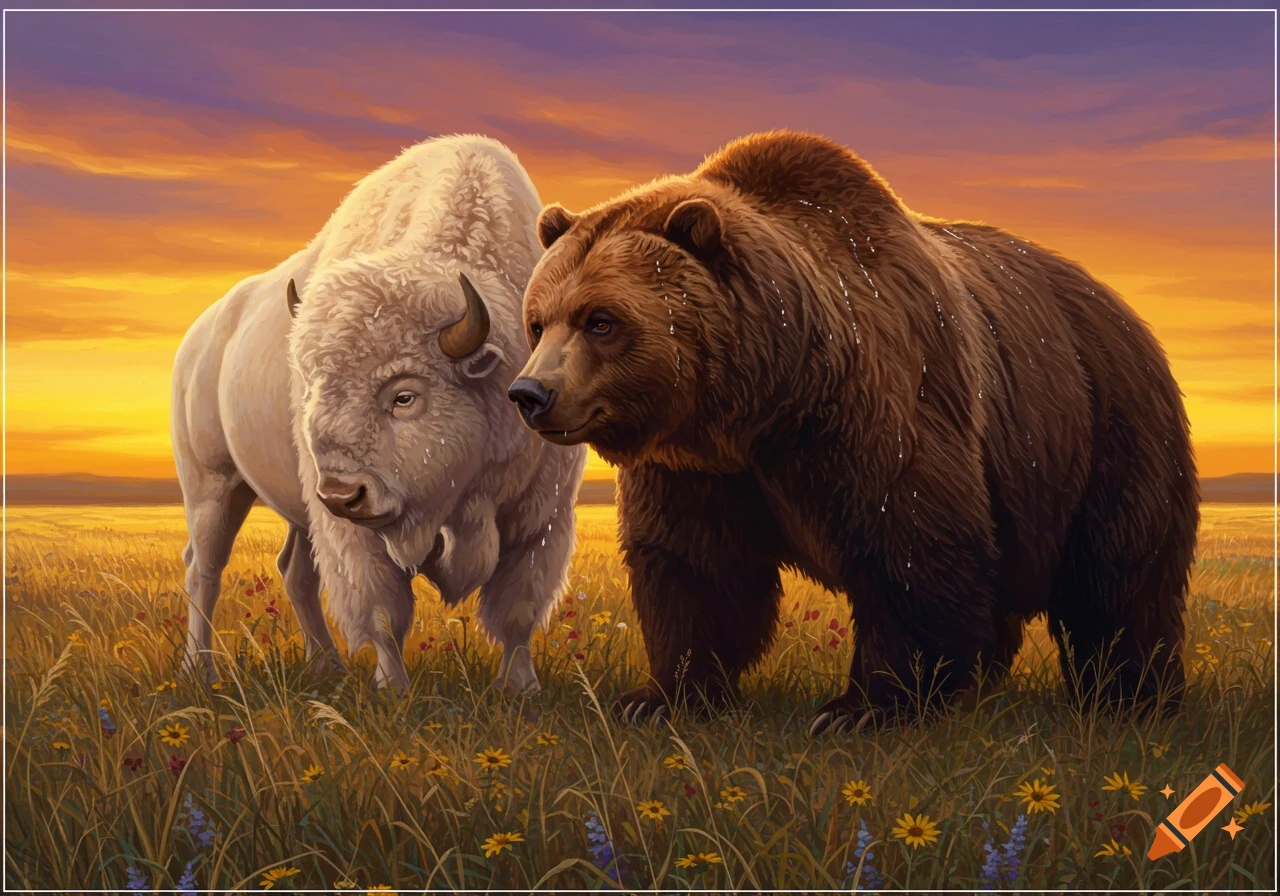 A white buffalo and a brown grizzly bear stand together in a field with wildflowers under an orange and purple sunset.