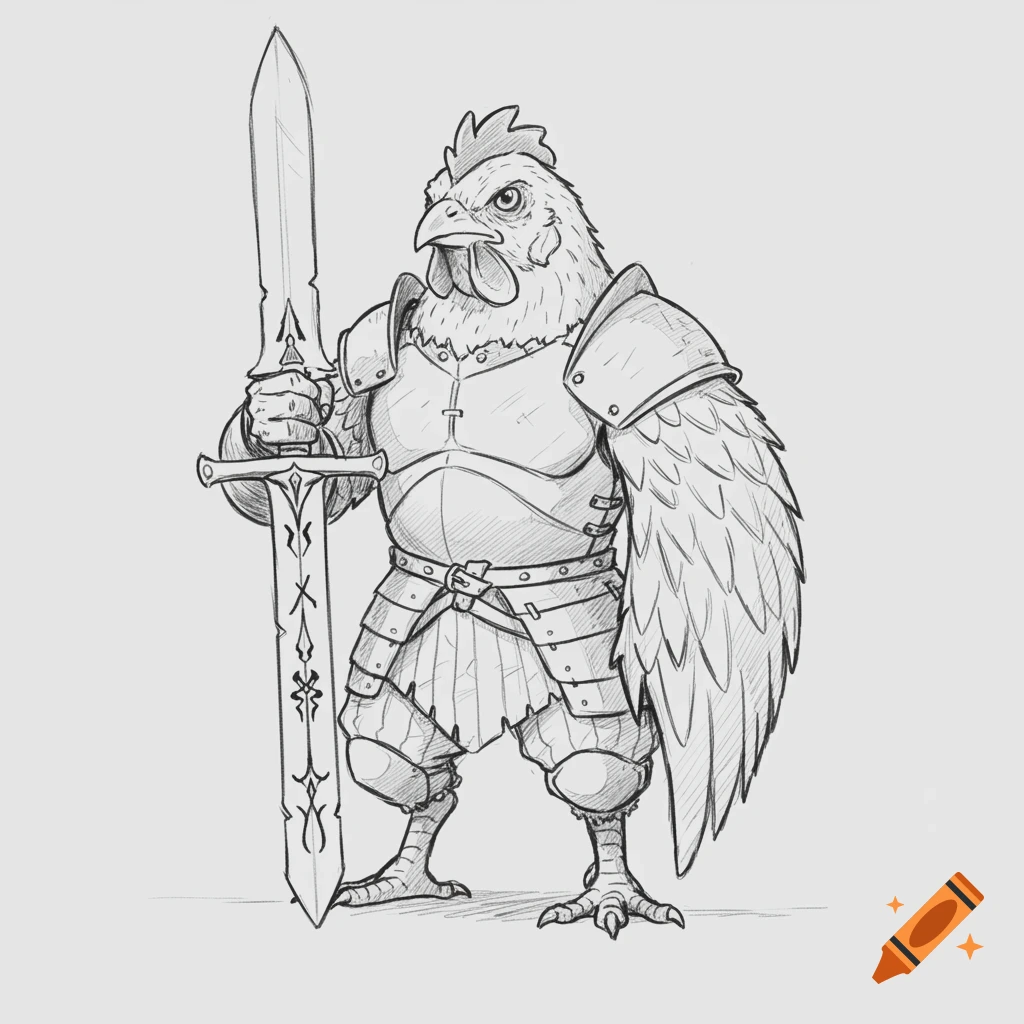 A detailed pencil sketch of an anthropomorphic chicken warrior wearing medieval armor and holding a large sword.