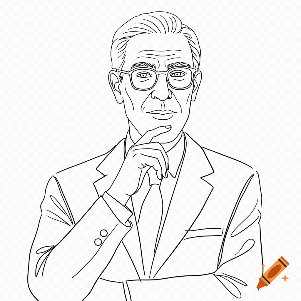 A black and white line drawing of a man in a suit and glasses, hand on chin, looking thoughtful.