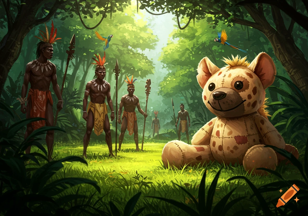A large patched stuffed hyena toy in a bright jungle clearing, surrounded by tribesmen with spears and feather headdresses. Illustrative style.