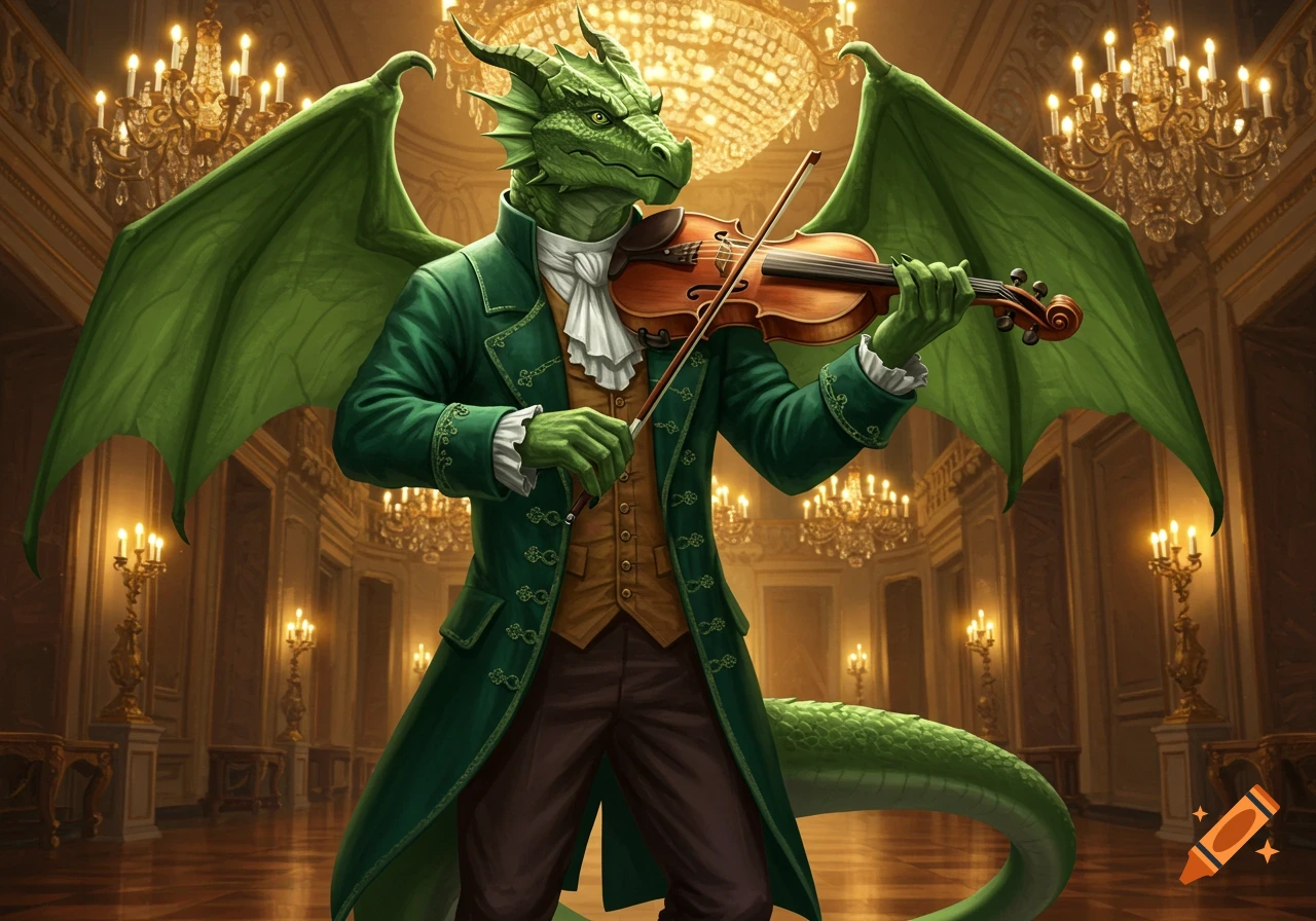 A green dragonborn in a tailcoat plays a violin in a grand ballroom with chandeliers.