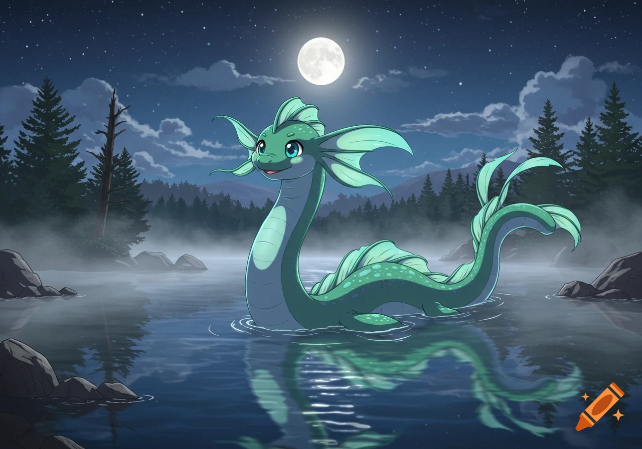 A cute, anime-style green sea monster (Nessie) with fins floats in a misty lake at night under a full moon.