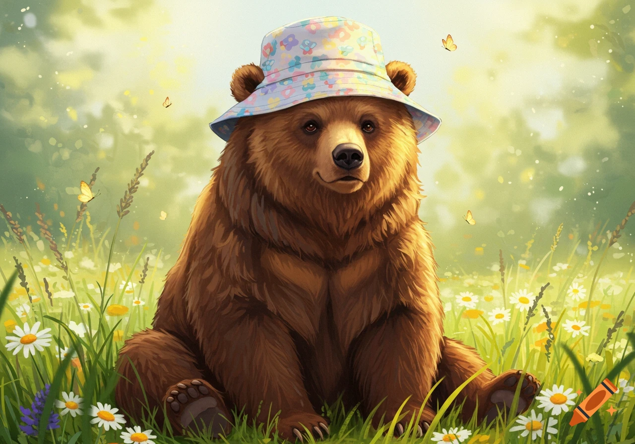 A friendly brown bear in a flowered bucket hat sits in a sunny field of white daisies with butterflies.