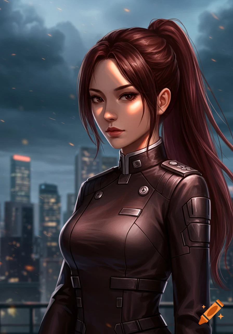 An anime woman with dark hair in a ponytail wearing a black military suit, with a city skyline behind her.