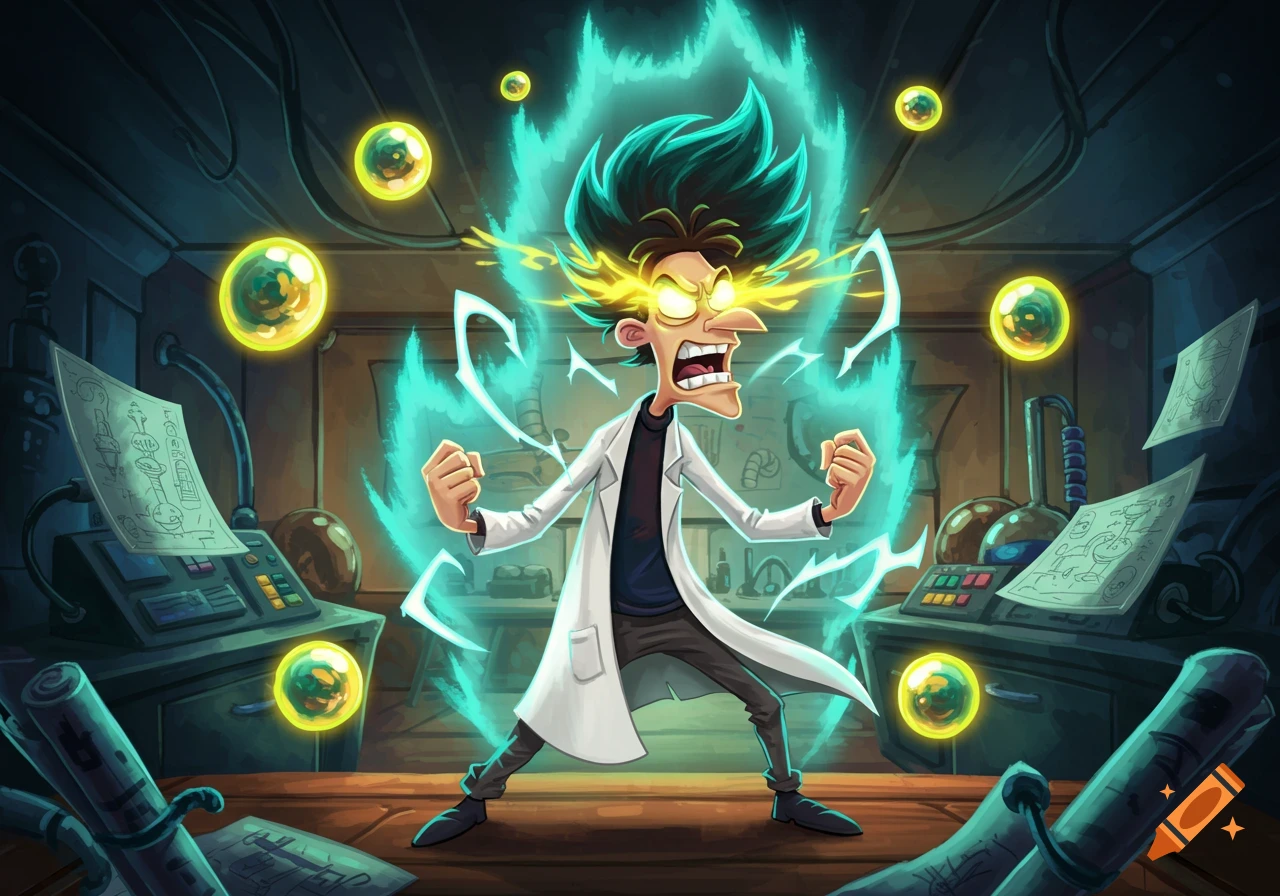 Dr. Doofenshmirtz from Phineas and Ferb, depicted in a Super Saiyan form, surrounded by teal energy in his laboratory.
