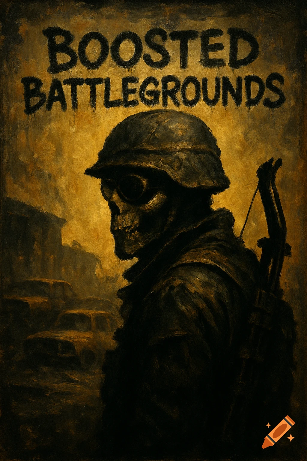 Gritty oil painting of a skeleton soldier in military helmet and goggles in a post-apocalyptic landscape. Text 'BOOSTED BATTLEGROUNDS'.