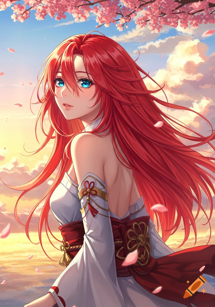 Anime girl with long red hair, blue eyes, in a white kimono, back to viewer, under cherry blossoms at sunset.