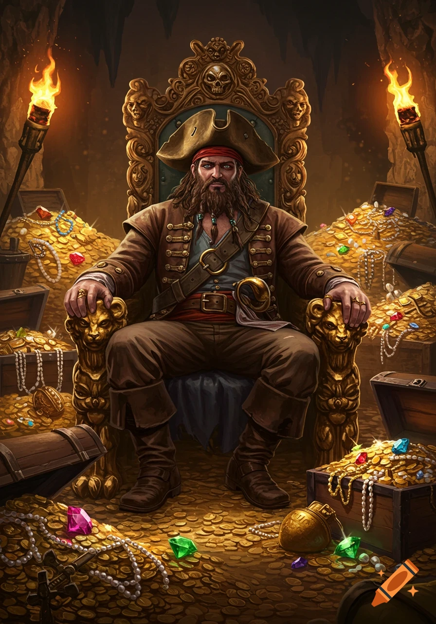A formidable pirate with a long beard sits on a golden throne, surrounded by treasure in a torch-lit cave.