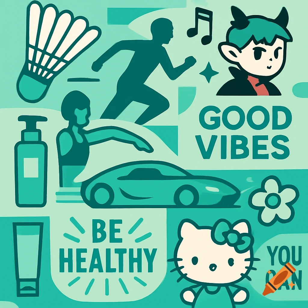 A turquoise and cream collage mood board featuring illustrations of a badminton shuttlecock, a runner, a person stretching, a car, skincare products, musical notes, a cute devil character, Hello Kitty, and positive text like 'GOOD VIBES', 'BE HEALTHY', and 'YOU CAN'.