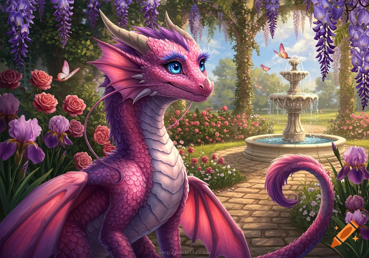 A whimsical pink and purple dragon with blue eyes in a lush fantasy garden with wisteria, roses, irises, and a fountain.