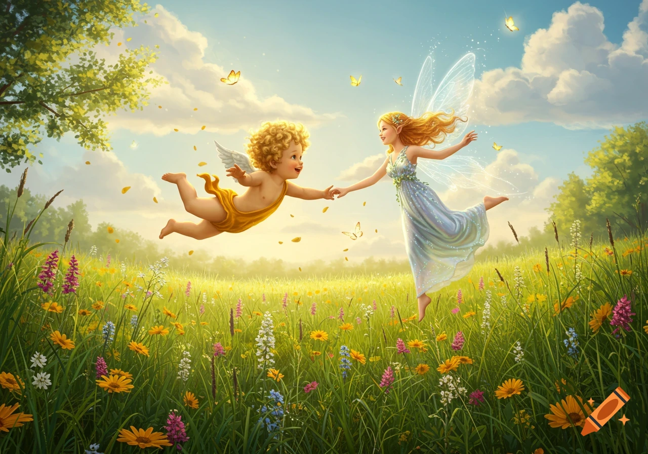 A flying cherubic boy and a fairy girl hold hands while frolicking in a sunlit, wildflower meadow.