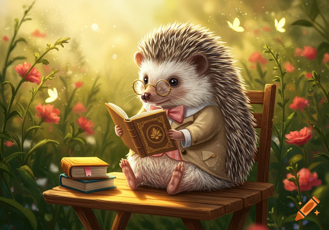 A cute hedgehog wearing glasses and a suit sits on a wooden table reading a book, surrounded by glowing flowers and butterflies in a whimsical outdoor setting.