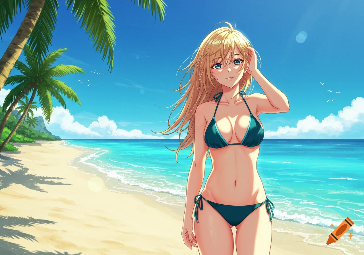 An anime woman with long blonde hair in a teal bikini stands on a sunny tropical beach with palm trees and blue ocean.