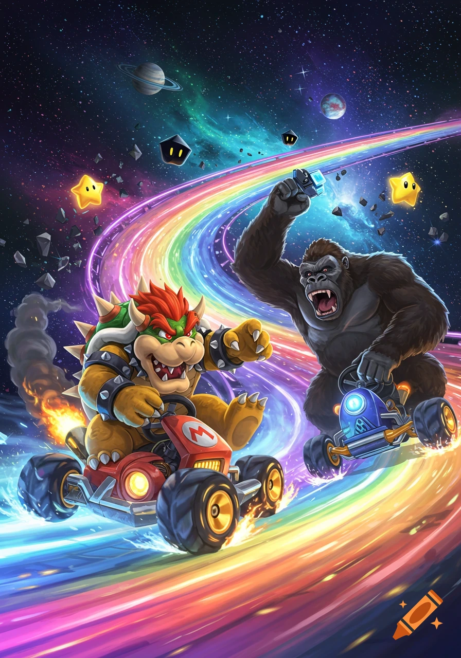 Bowser in a red kart and Donkey Kong in a blue kart race along a vibrant rainbow road through outer space.