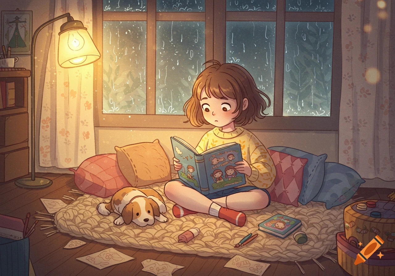 Cartoon drawing of a girl reading a book with a dog sleeping nearby in a cozy room while it rains outside.