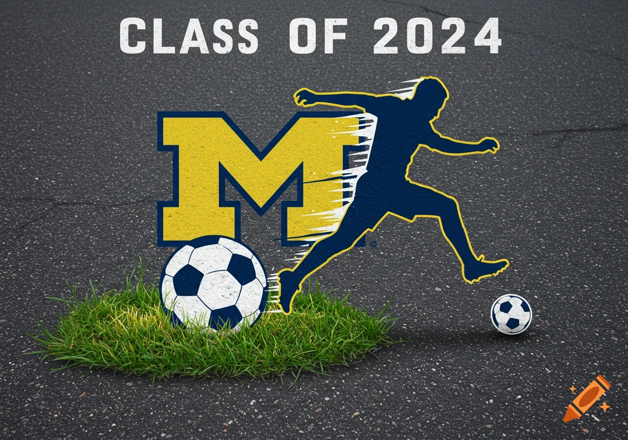 A soccer player silhouette kicks a soccer ball on asphalt next to the Michigan 'M' logo and 'CLASS OF 2024' text.