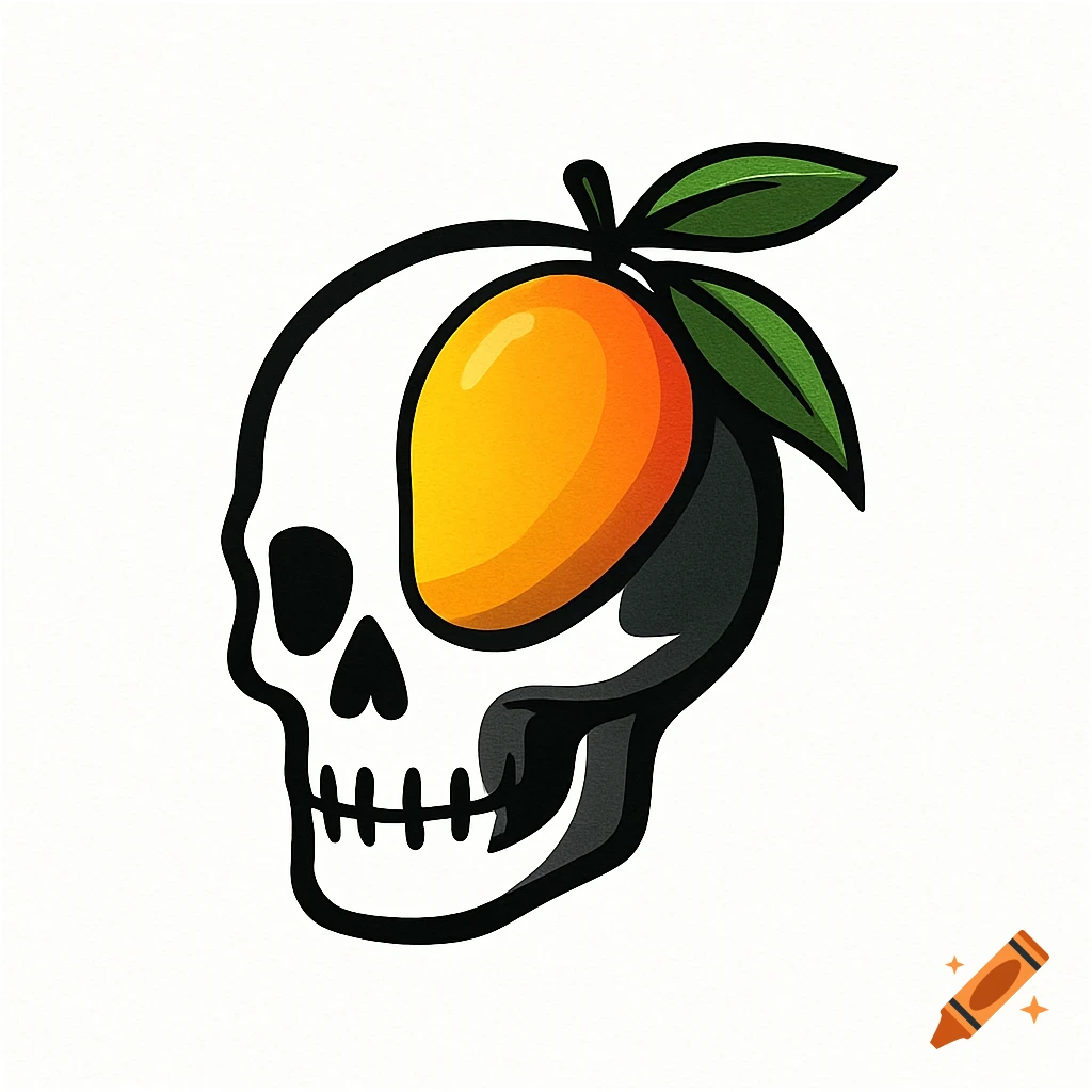 A stylized logo of a skull with a mango fruit replacing one eye, set against a white background.