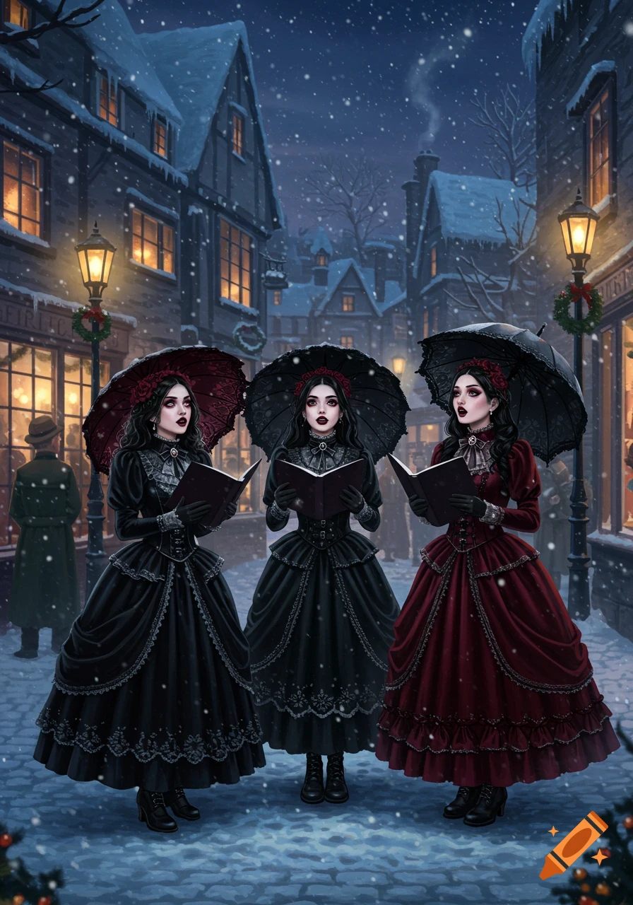 Three gothic women carol in a snowy, lamp-lit Victorian street, holding books and umbrellas.