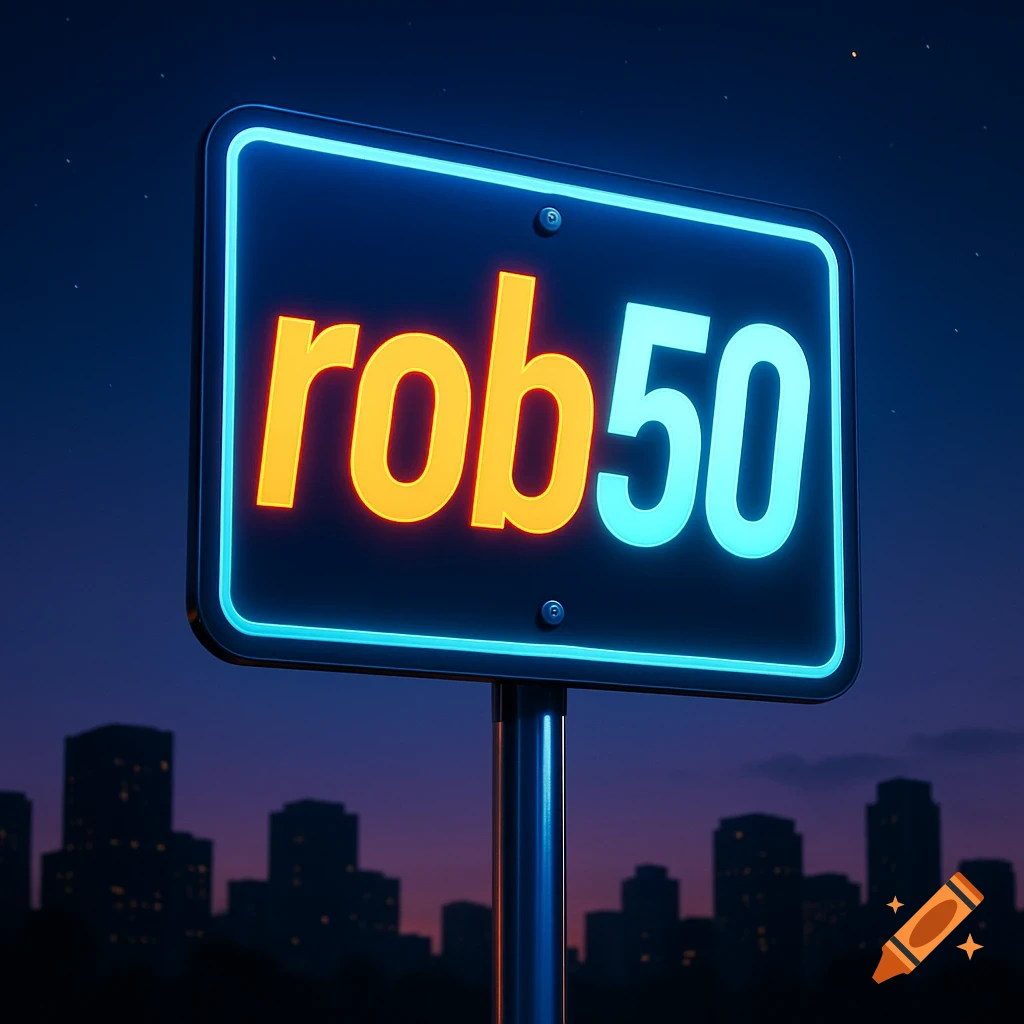 A neon sign displaying "rob50" in glowing orange and blue, set against a dark night sky with a subtle city skyline silhouette.