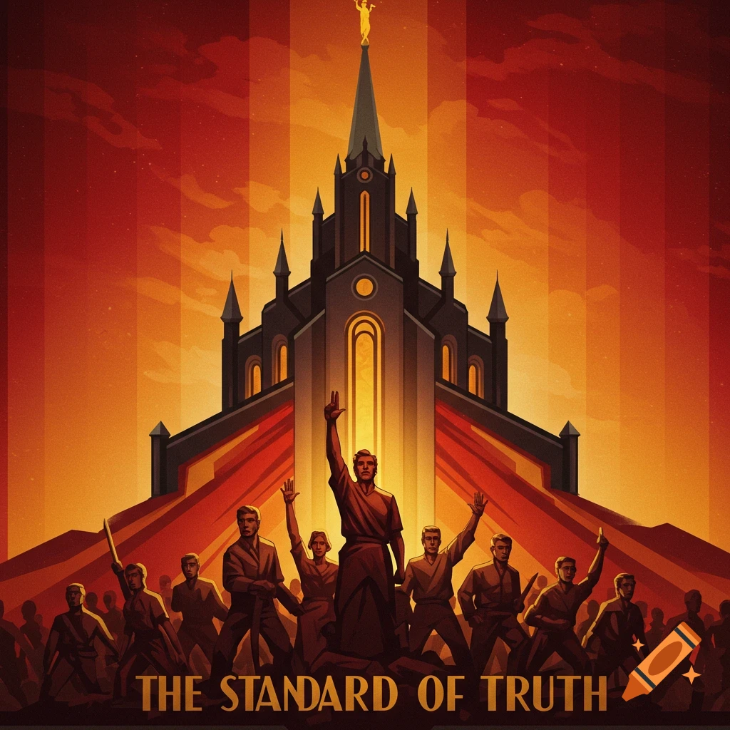 A Soviet propaganda-style illustration of a temple with people raising hands, text reads 'THE STANDARD OF TRUTH'.