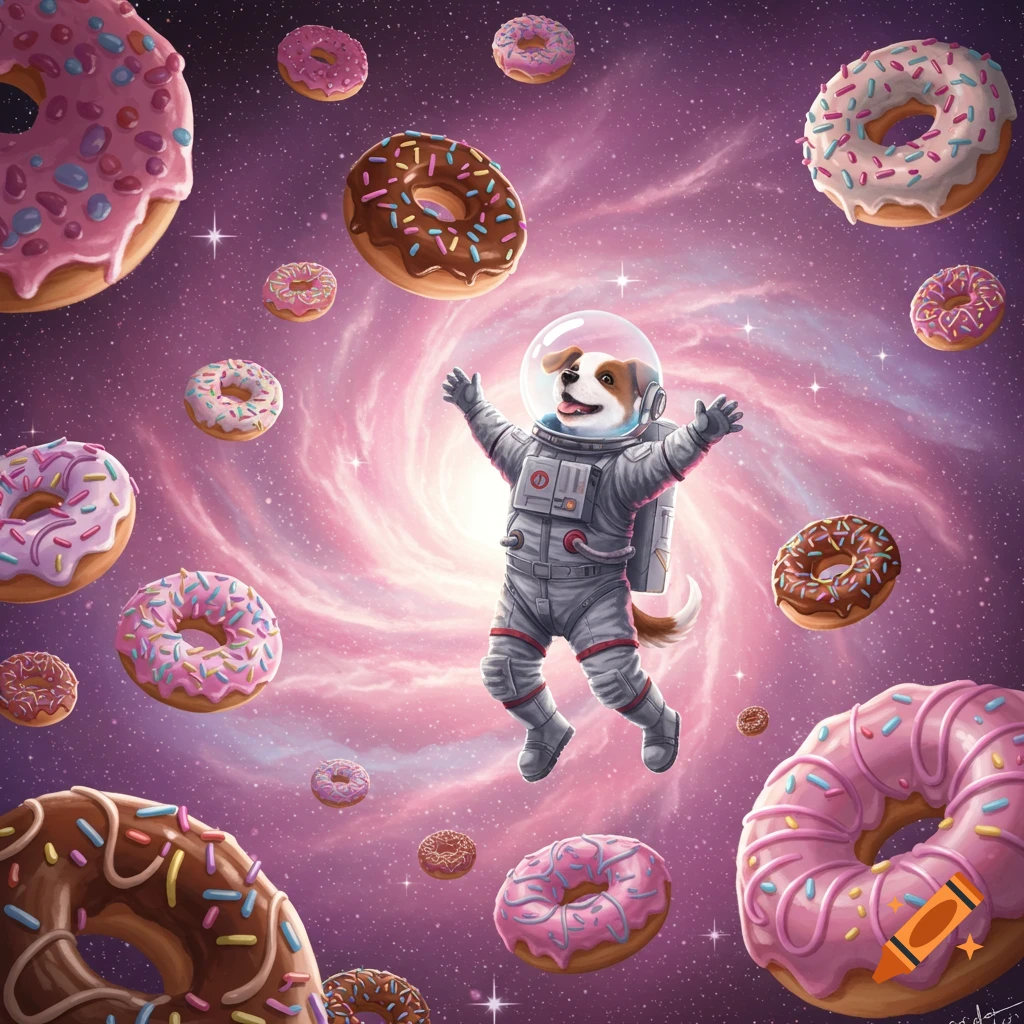 A cute dog astronaut floats in a vibrant purple galaxy, surrounded by numerous colorful donuts, in an illustrated style.