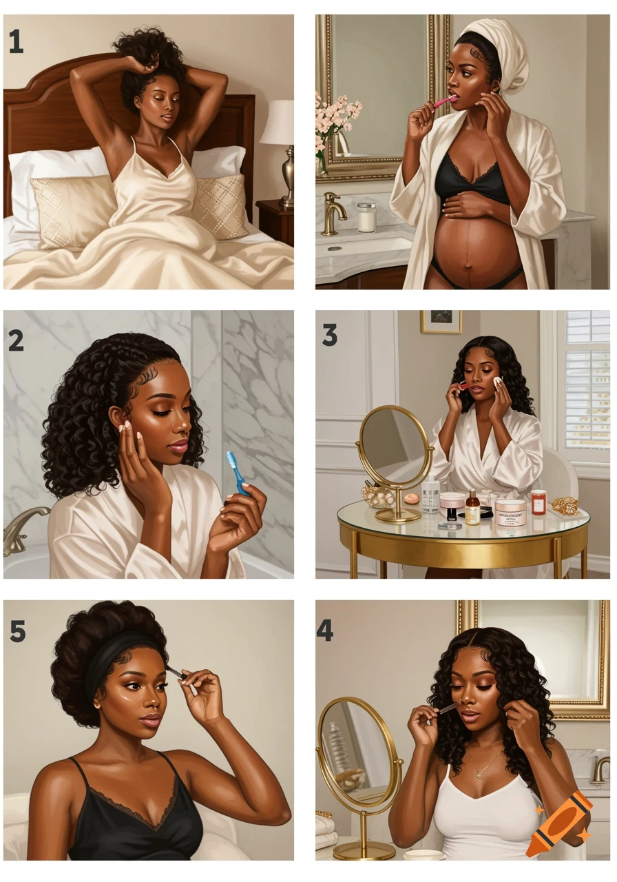 Six panels illustrating a Black woman's morning routine: waking up, brushing teeth, skincare, and applying makeup in an illustrative style.