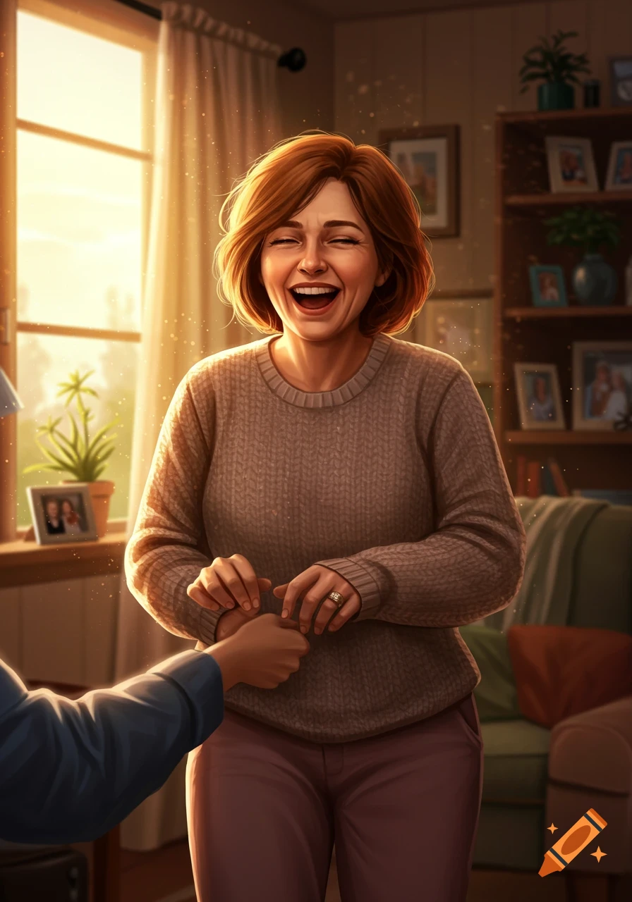 A woman with reddish-brown hair laughs joyfully as she is tickled indoors in a sunlit room.