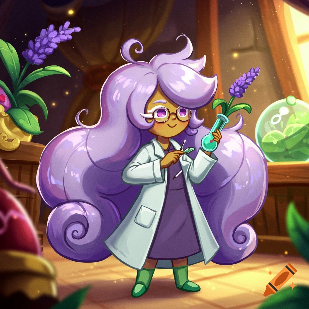 A purple-haired character in a white lab coat holds a lavender sprig in a test tube, in a cartoon style.
