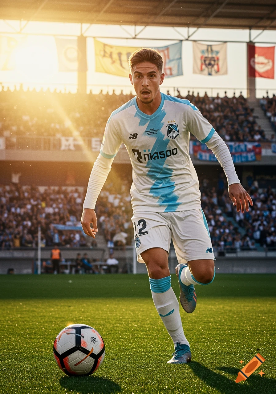 A male soccer player in a white and blue jersey on a field, a soccer ball at his feet, at sunset in a stadium.