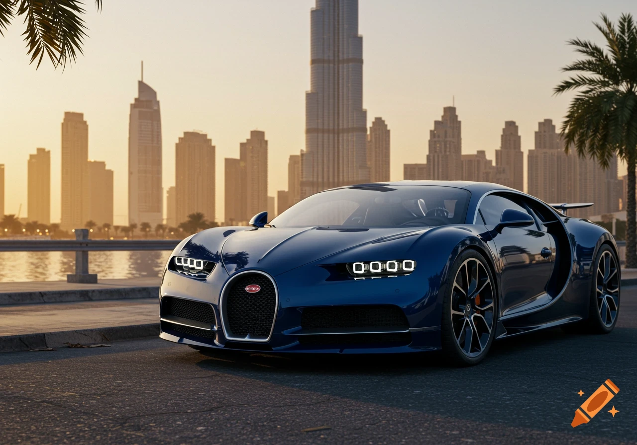 A photorealistic blue Bugatti Chiron sports car parked on a road with the Dubai city skyline in the background during sunset.