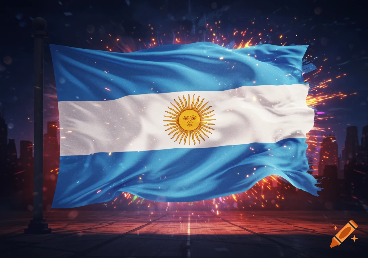 Argentine flag waving dynamically against a dark city skyline with glowing sparks in an anime style.