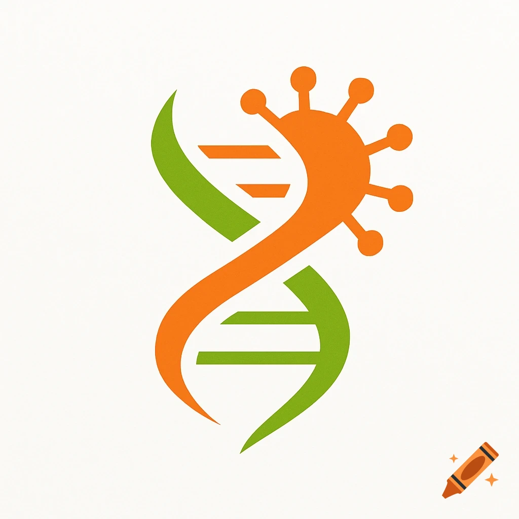 A corporate logo showing an orange virus shape intertwined with a lime green DNA double helix.