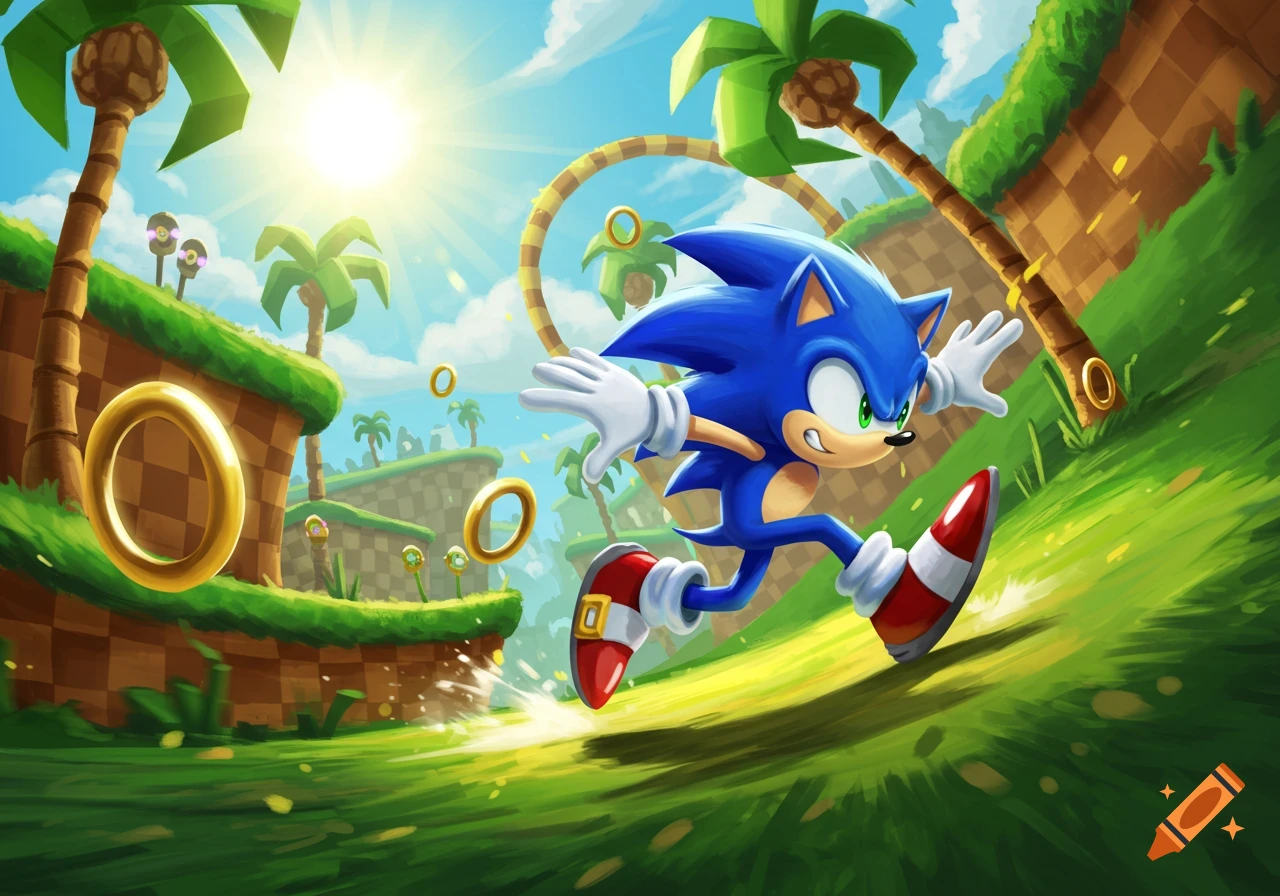 Sonic the Hedgehog runs down a grassy hill in Green Hill Zone, with golden rings and palm trees under a bright sun.
