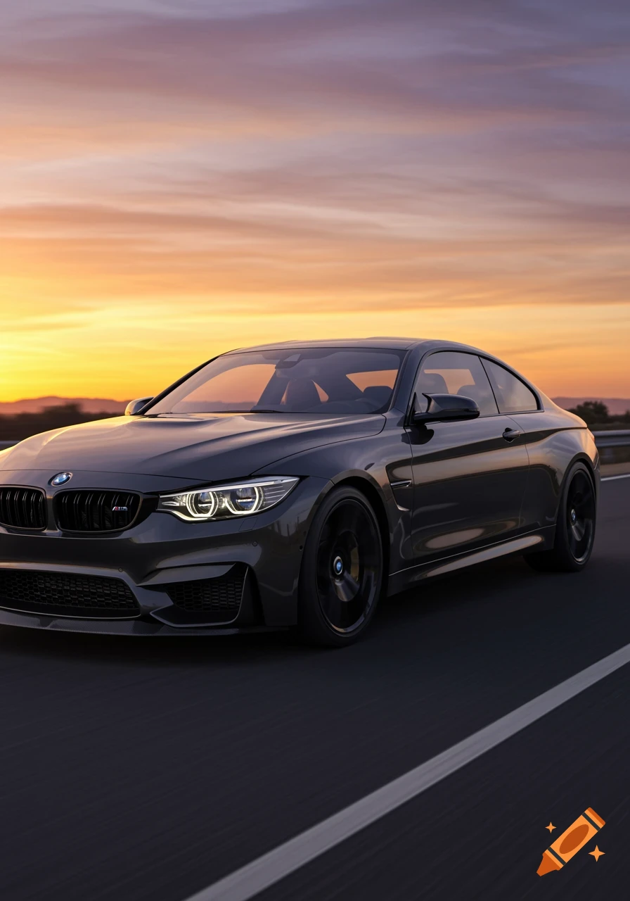 A dark grey BMW M4 coupe drives on a road at sunset, with an orange and purple sky.