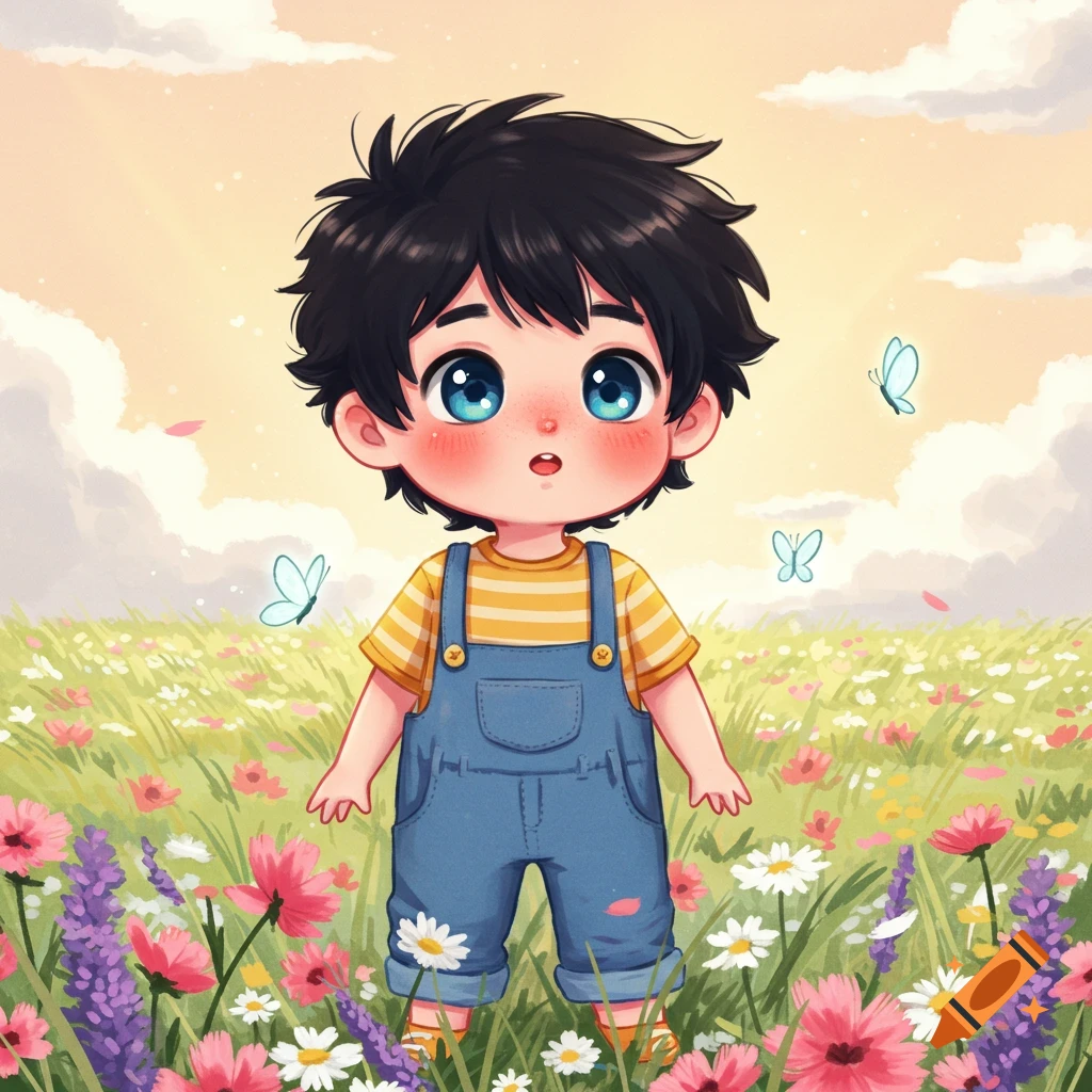 A cute anime boy with large blue eyes and dark hair stands in a vibrant field of colorful flowers with butterflies.
