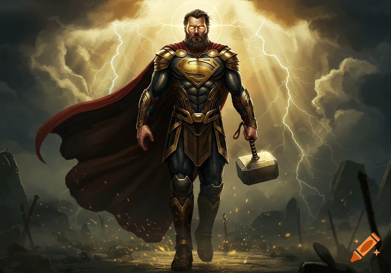 A powerful, bearded Superman in gold and black armor with a red cape and glowing eyes, holding Mjolnir in a stormy, lightning-filled landscape.