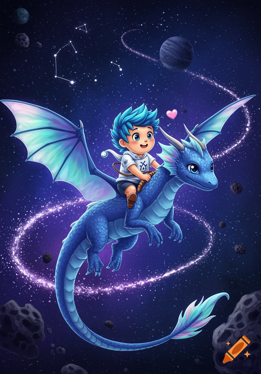 A happy cartoon boy with blue hair rides a blue dragon through a starry outer space with planets and asteroids.