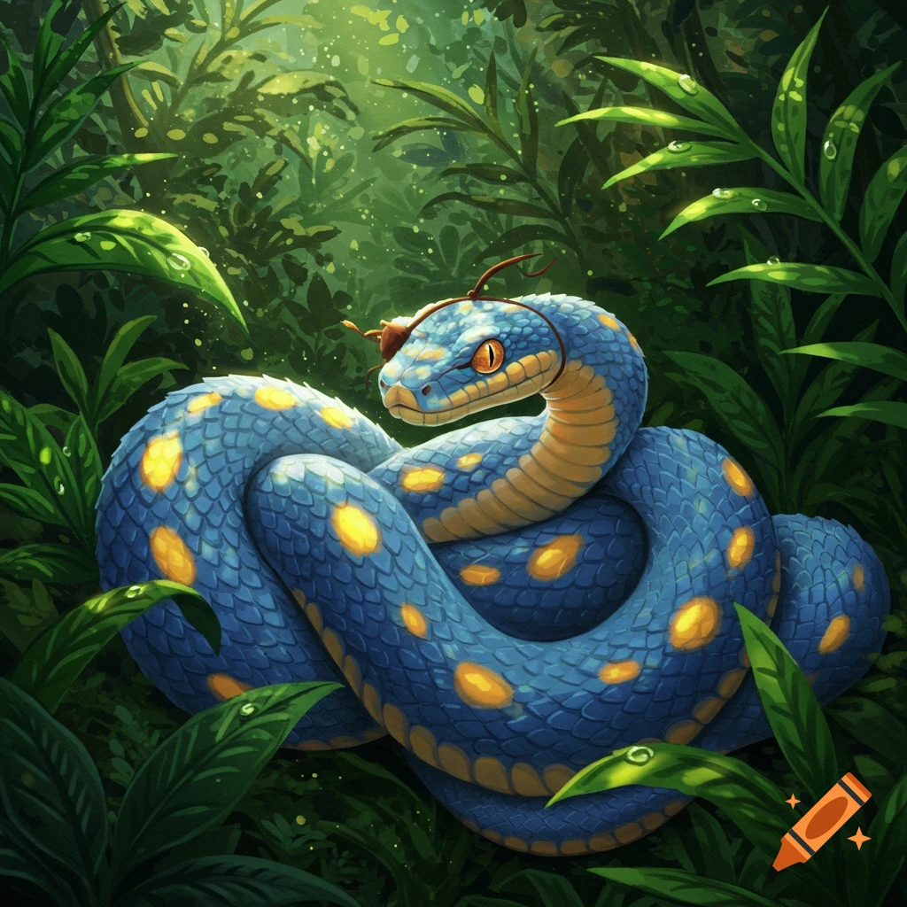 A blue snake with yellow spots and an eye patch curled up in a lush green jungle. Stylized illustration.